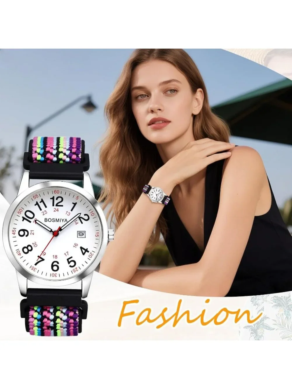 Women's White Purple Quartz Analog Nylon Strap Elastic Band Date Wrist Watch
